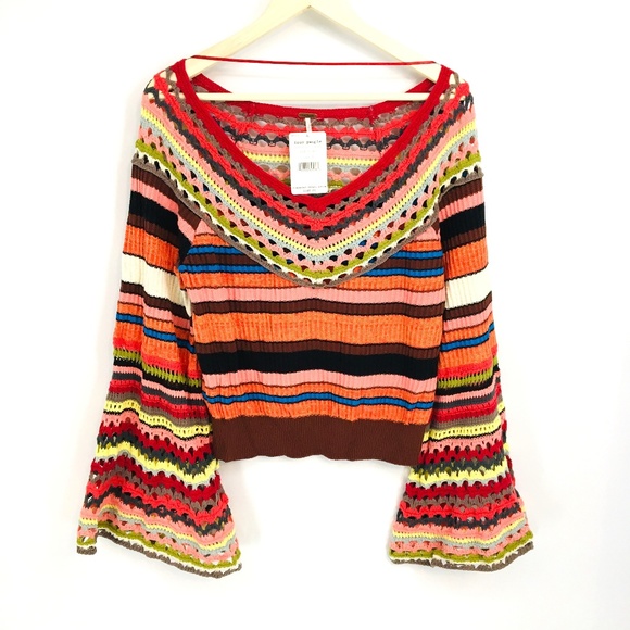 Free People Sweaters - Free People Red Combo Crochet Open Knit Sweater